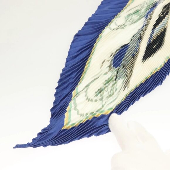 HERMES Pleated Scarf ""LES VOITURES A TRANSFORMATION"" Silk Blue Auth - Picture 8 of 16